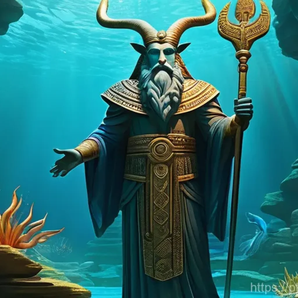 에아와 바빌론 신화 - **Prompt:** A majestic depiction of Ea, the Mesopotamian god, standing serenely in a vibrant underwa...