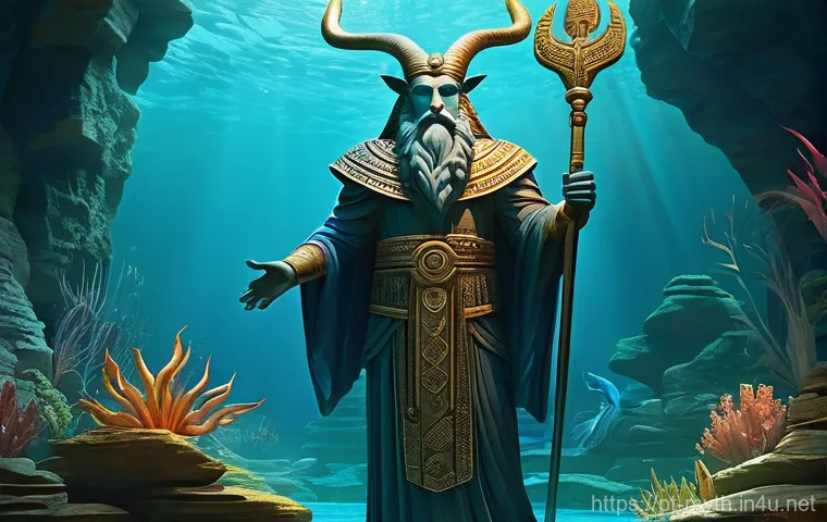 에아와 바빌론 신화 - **Prompt:** A majestic depiction of Ea, the Mesopotamian god, standing serenely in a vibrant underwa...