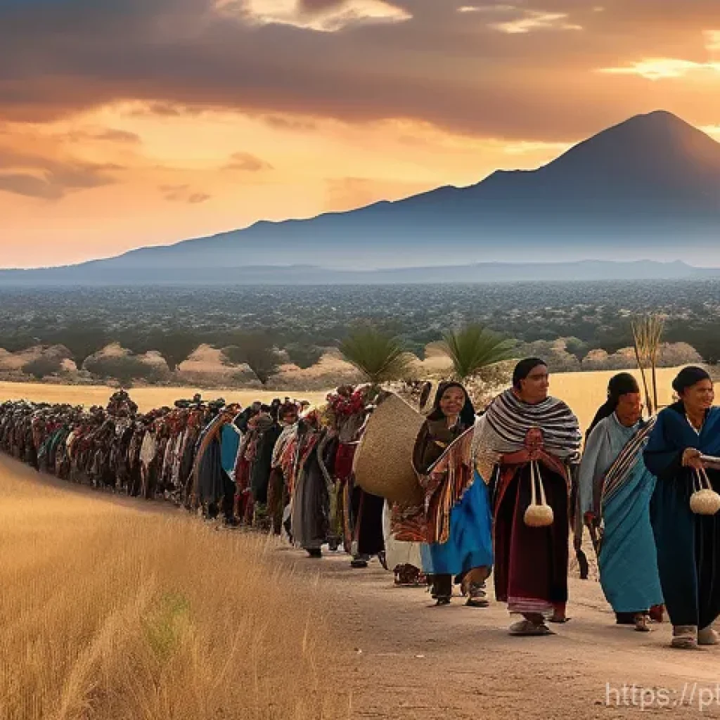 테노치티틀란의 창설 신화 - **Prompt:** A large group of ancient Mexica people, comprising men, women, and children, are depicte...