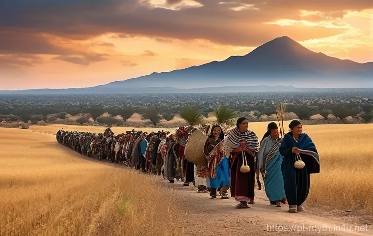 테노치티틀란의 창설 신화 - **Prompt:** A large group of ancient Mexica people, comprising men, women, and children, are depicte...