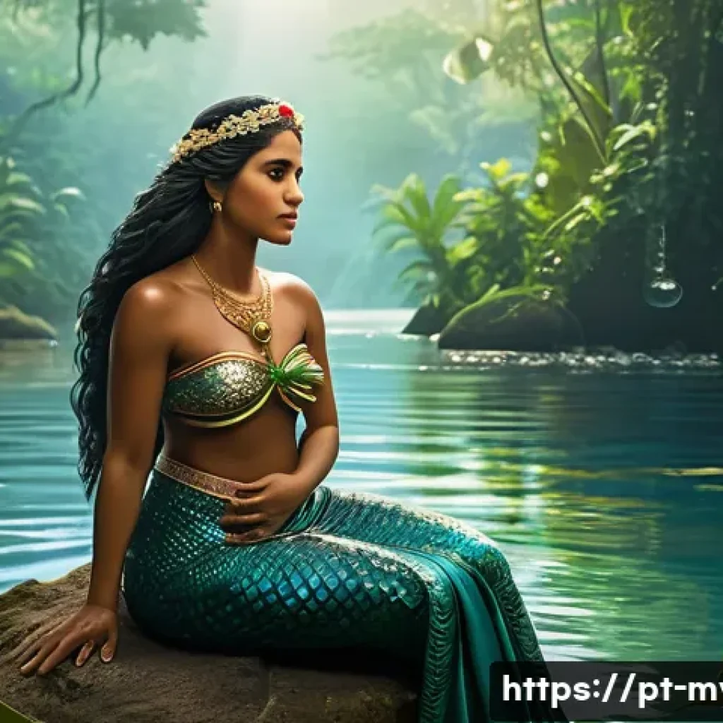 세이렌과 유혹의 노래 - A detailed illustration of a Portuguese Iara mermaid from Brazilian folklore, depicted as a beautifu...