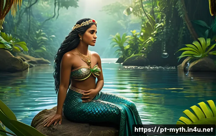 세이렌과 유혹의 노래 - A detailed illustration of a Portuguese Iara mermaid from Brazilian folklore, depicted as a beautifu...