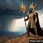Home 20 바알과 가나안 신화 - A powerful Canaanite storm god depicted as a fierce warrior standing atop a rugged mountain, wieldin...