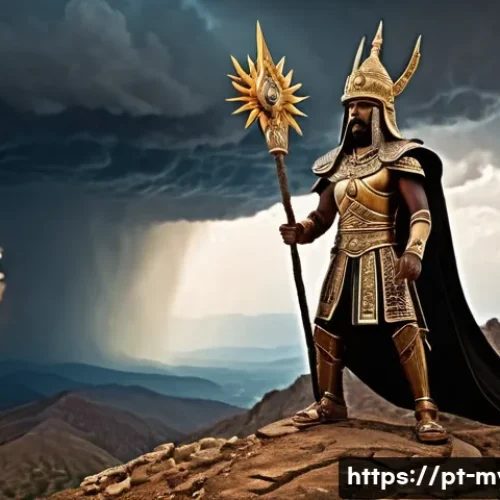 Home 32 바알과 가나안 신화 - A powerful Canaanite storm god depicted as a fierce warrior standing atop a rugged mountain, wieldin...