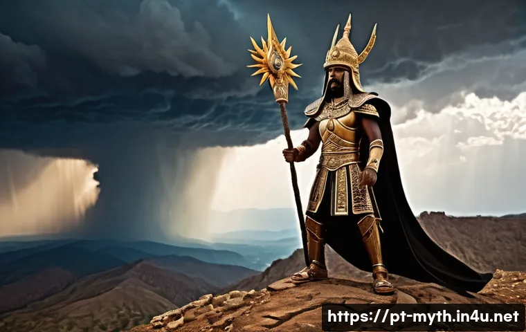 바알과 가나안 신화 - A powerful Canaanite storm god depicted as a fierce warrior standing atop a rugged mountain, wieldin...