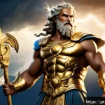Home 19 올림포스 12신의 역할 - A majestic depiction of Zeus, the god of sky and lightning, standing atop Mount Olympus with a glowi...