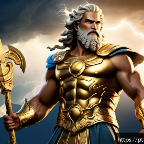 Home 31 올림포스 12신의 역할 - A majestic depiction of Zeus, the god of sky and lightning, standing atop Mount Olympus with a glowi...