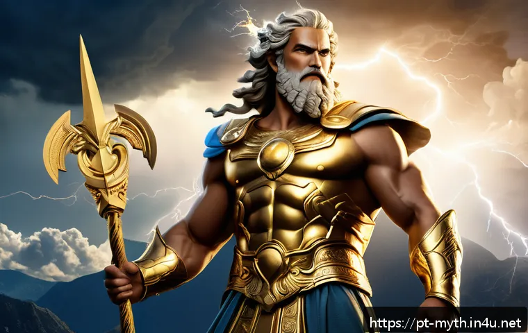 올림포스 12신의 역할 - A majestic depiction of Zeus, the god of sky and lightning, standing atop Mount Olympus with a glowi...