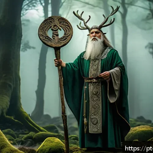 Home 30 켈트 신화의 다누 신족 - A mystical Celtic druid standing in an ancient forest at twilight, wearing traditional robes and hol...