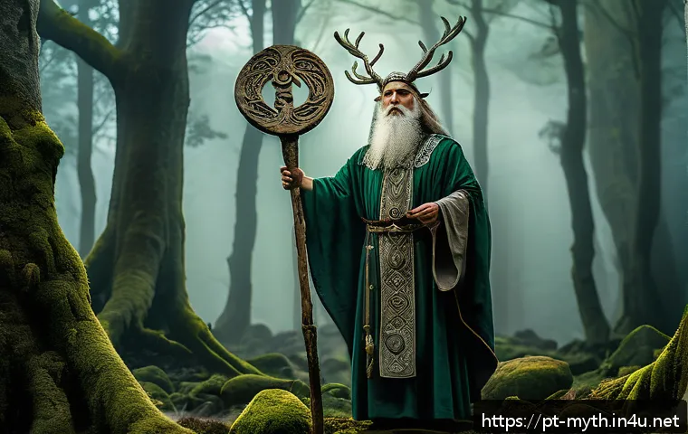 켈트 신화의 다누 신족 - A mystical Celtic druid standing in an ancient forest at twilight, wearing traditional robes and hol...