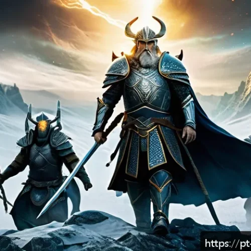 Home 17 오딘과 위대한 전쟁 - A colossal battle scene on the plains of Vigrid, depicting Odin clad in intricate Norse armor with a...