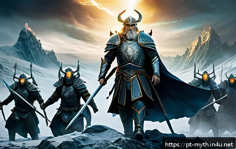 오딘과 위대한 전쟁 - A colossal battle scene on the plains of Vigrid, depicting Odin clad in intricate Norse armor with a...