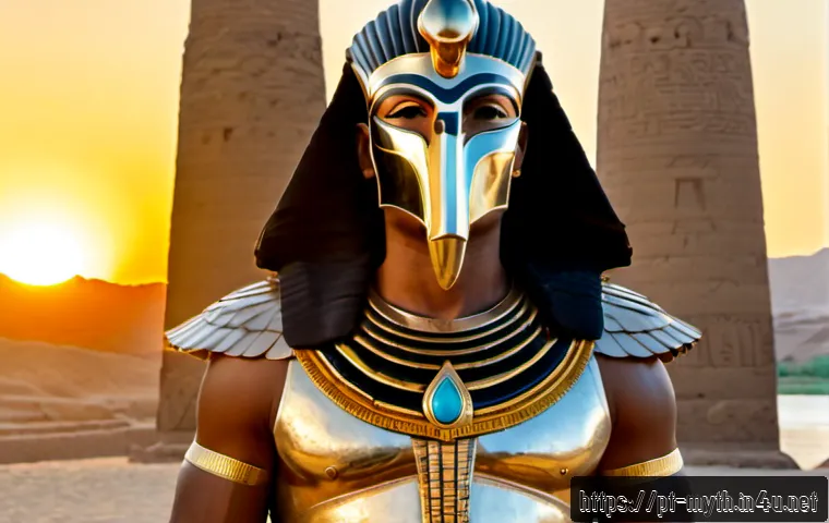 Home 17 호루스와 세트의 전투 - Photorealistic cinematic scene of Horus, a noble Egyptian warrior with a falcon-headed ceremonial he...