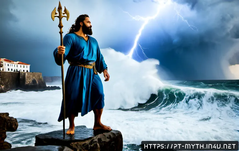 포세이돈과 대홍수 전설 - Photorealistic cinematic scene of Poseidon rising from stormy Atlantic waves near the rugged Portugu...
