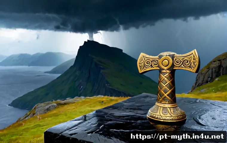 토르의 묠니르 전설 - Photorealistic Norse myth scene of Mjolnir resting on a rain-soaked black stone altar atop a windswe...