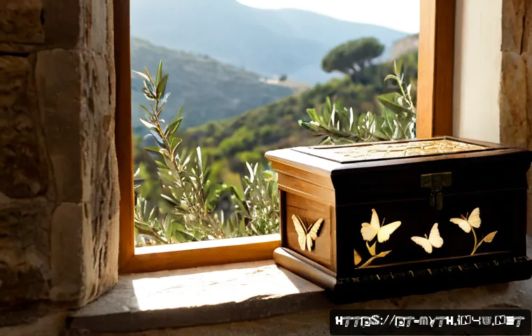 Home 17 판도라의 상자와 희망 - Photorealistic cinematic still life of an ancient Greek-inspired wooden box opened on a rustic Portu...